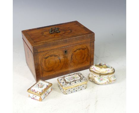 A Sheraton mahogany marquetry inlaid Tea Caddy, with fan medallion marquetry to lid and leaf motifs to sides, W 20cm x D 13cm