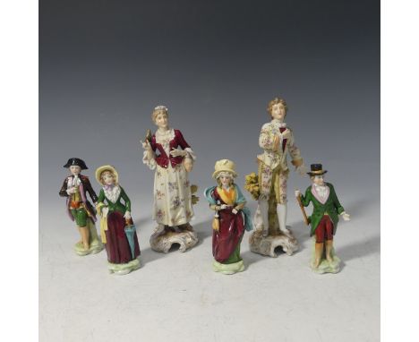 A pair of Continental porcelain Figures, depicting well dressed Lady and Gentleman, on scrolled base, factory marks to base, 