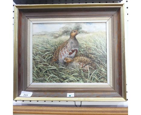 Ken Turner (b. 1926), Pair of Grouse in grassland, oil on panel, signed lower left, 22cm x 27cm, framed.