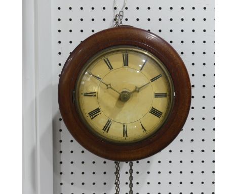 A 19th century&nbsp;mahogany Postmans alarm clock, the circular dial with Roman numerals, with two weights, lacks pendulum, 2