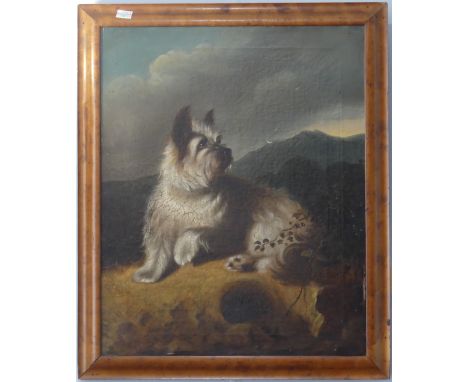 Manner of George Armfield (British, 1808-1893), Terrier in a highland landscape, oil on canvas, 50.5cm x 40.5cm, framed, toge