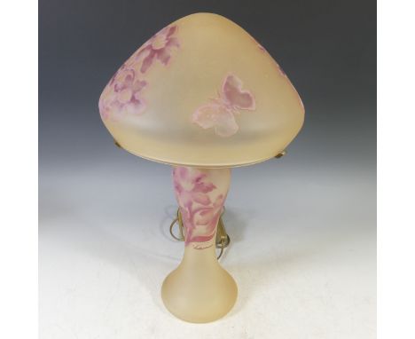 A French Gallé style glass Table Lamp and Shade, of mushroom form, the shade etched with floral decoration, signed to base, m