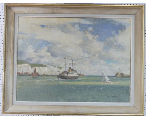 Norman Wilkinson&nbsp;(British, 1878-1971), Passenger Ferry leaving&nbsp;Dover harbour with white cliffs behind, oil on canva