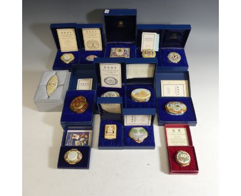 A quantity of Halcyon Days enamel Boxes of Royal Interest, comprising 'Vivat Regina' (46/250), The Queen's 80th Birthday (94/
