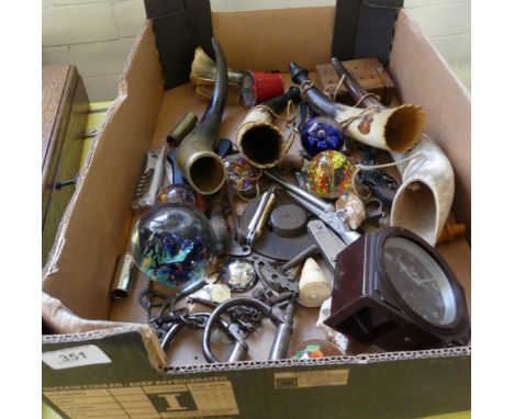 A box of mixed items to include various pocket knives, paperweights, horn, small Bakelite mantel clock etc. CONDITION REPORT: