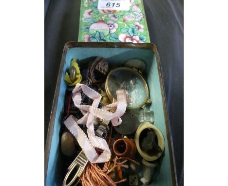 Green enamel tin, together with gold plated lorgnettes and remaining items (Qty)
