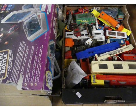 Two boxes of mixed toy vehicles, Action Man accessories, Star Wars Galactic battle game, etc.