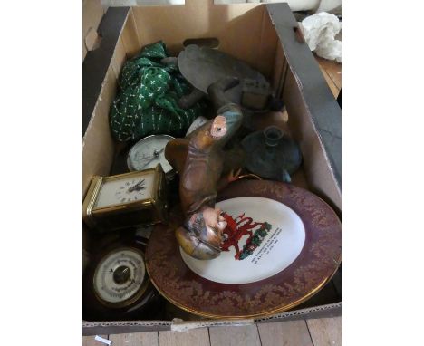 A box of mixed items to include aneroid barometer, model of a seated figure, modern brass carriage clock, tortoise shaped bra