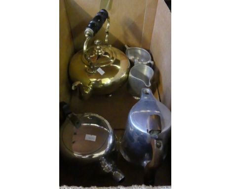 Picquot ware four piece tea service together with a 19th Century brass kettle.