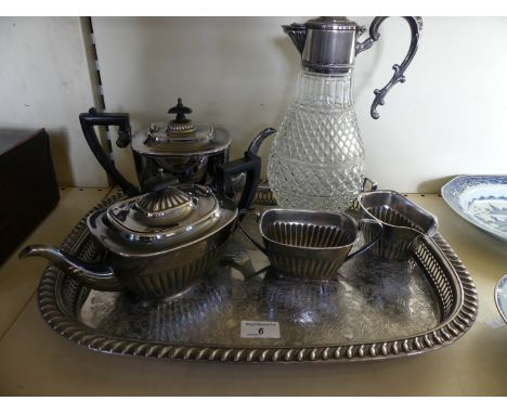 A silver-plated four piece tea/coffee set, together with a serving tray, clear glass claret jug with silver-plated mount and 