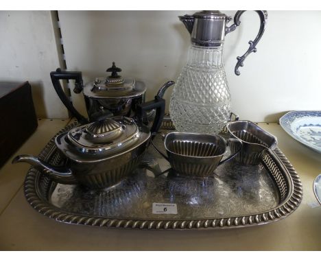 A silver-plated four piece tea/coffee set, together with a serving tray, clear glass claret jug with silver-plated mount and 