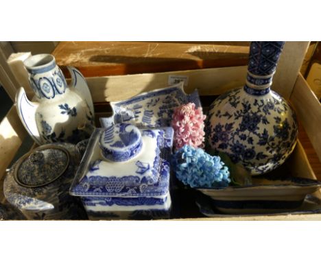 A collection of various blue and white ceramics to include Hawthorn Den vase, Copeland Spode Italian teapot, Ringtons tea can