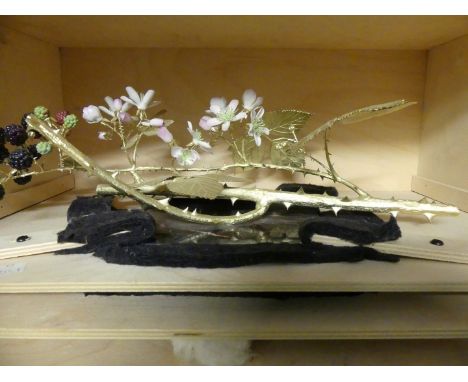 An unusual Royal Worcester gilt metal and porcelain sculpture of a bramble branch, on polished marble base in a fitted plywoo