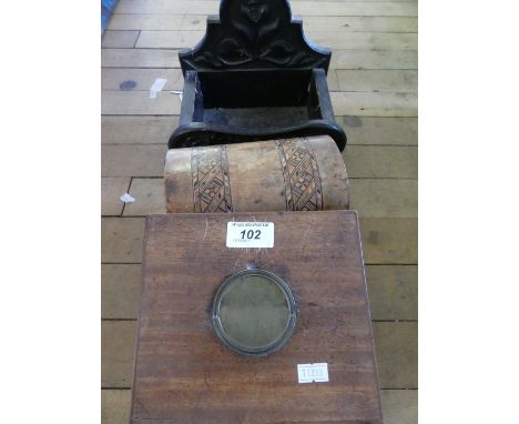 A mixed lot comprising a 19th Century domed topped tea caddy further hardwood box with hinged lid and a small carved oak wall