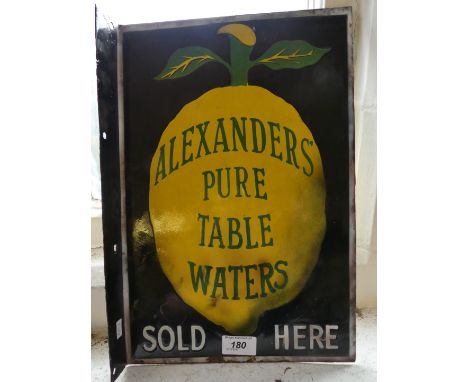 A small double sided enamel sign marked Alexander Pure Table Waters   CONDITION REPORT:  Sign appears to have been restoredPl