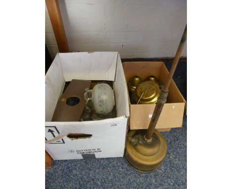 A mixed lot of small wall mounted oil lamps, various glass shades, vintage brass oil lantern and other mixed items 