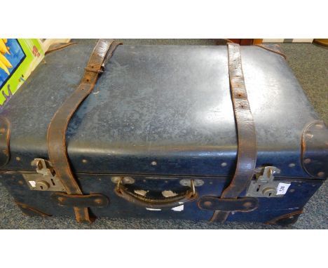 A vintage blue finish suitcase with life out tray 