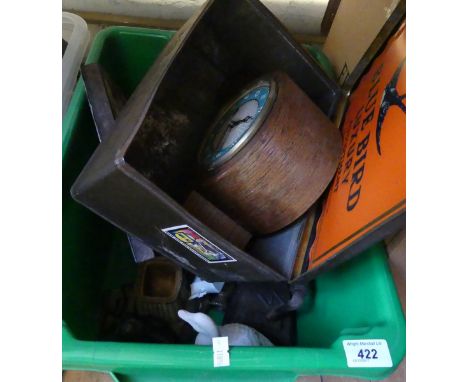 A box of mixed items to include copper printing plate, small wooden wall bracket, domed top mantel clock, various ornaments, 