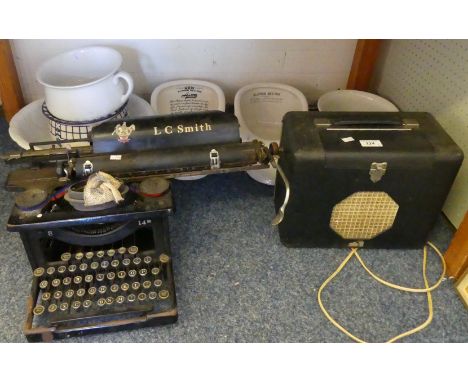 A mixed lot of vintage L G Smith typewriter, vintage Roberts radio, two bed slipper pans, three chamber pots and a wash bowl 