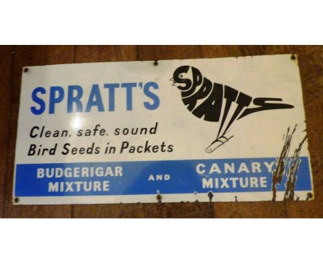 Authentic early 1950's enamel Spratt's Bird Seed advertising sign. 30cm x 61cm. Ware and condition as shown for age.