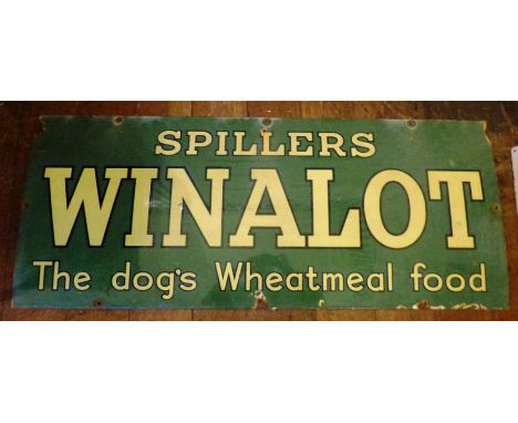 A Large authentic early 1950's enamel Spiller Winalot Wheatmeal Food advertising sign. 48cm x 116cm. Ware and condition as sh
