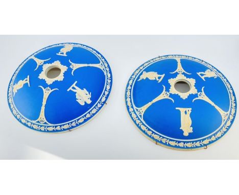 3 ceramic ceiling light fittings, 2 blue jasper unmarked but probably Wedgwood, with classical figures 20.5cm and a terracott