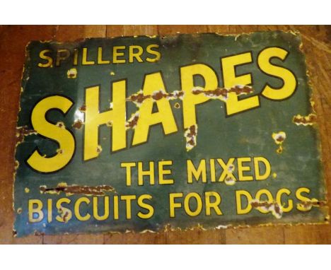 A Large authentic early 1950's enamel Spiller Shapes Mixed Biscuits for Dogs advertising sign. 51cm x 76cm. Ware and conditio