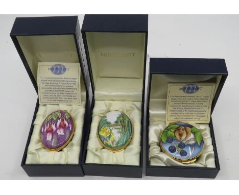 Moorcroft enamel boxes: Fuschia decorated box, River landscape with iris and bulrushes and mouse with blackberries, in origin