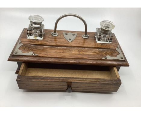 Writing pen stand in Oak Antique with ink bottles and a drawer together with a Royal Worcester June Garland 1961 tea set-all 