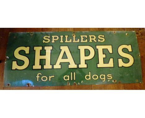 A Large authentic early 1950's enamel Spiller Shapes For All Dogs advertising sign. 48cm x 116cm. Ware and condition as shown