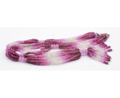 A tassel necklet of ruby, pink sapphire and white sapphire rondelle beads, with a yellow metal lobster clasp stamped 585. (1)