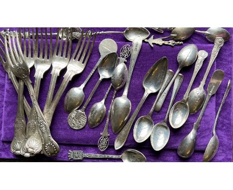 A collection of sterling silver flatware including a number of silver teaspoons awarded as prizes, some (stamped BM for Burth