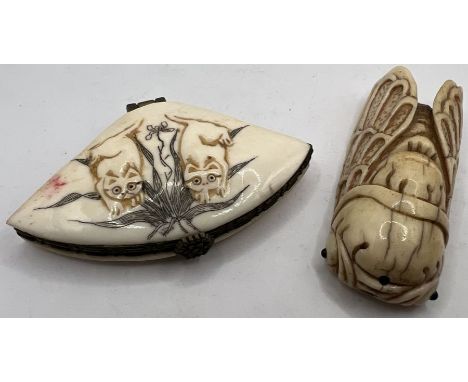 A bone cicada netsuke along with a Japanese bone pill box with cat decoration. (2)