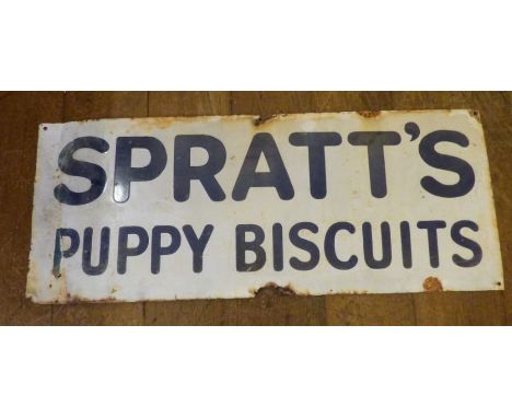 Authentic early 1950's enamel Spratt's Puppy Biscuits advertising sign. 30cm x 76cm. Ware and condition as shown for age.