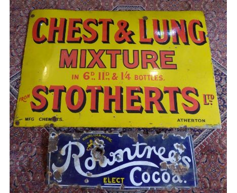2 Enamel advertising signs C1950's Stotherts Ltd Chest and Lung Mixture , yellow background, red writing and a smaller Rowntr