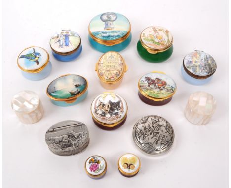 A collection of fifteen late 20th century enamel trinket / pill boxes, examples from Staffordshire enamels, Crummles, Fine Bi