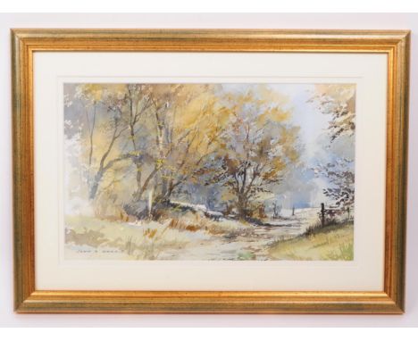 John R Harris - A vintage 20th century watercolour painting. Depicting a rural countryside scene with rustic path flanked by 