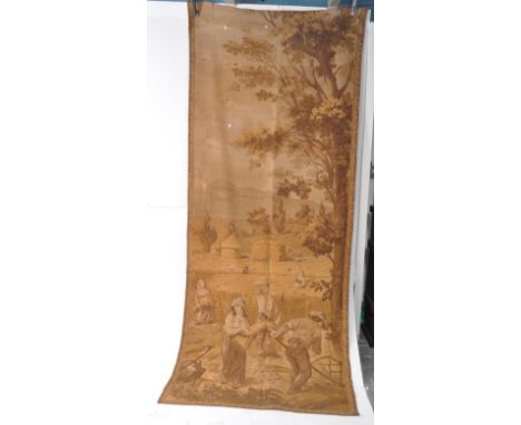 A vintage 20th century wall hanging tapestry fabric. Rectangular form depicting farmhouse cutters in a field of barely wheat.