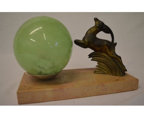 French Art Deco deer lamp with a green glass shade