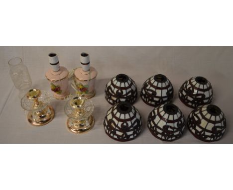 Tiffany style lamp shades, pair of pink lamps, candlesticks etc