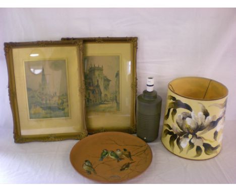 Denby style pottery lamp with original hand painted shade, Watcombe Torquay charger hand painted with birds & pair of gilt fr