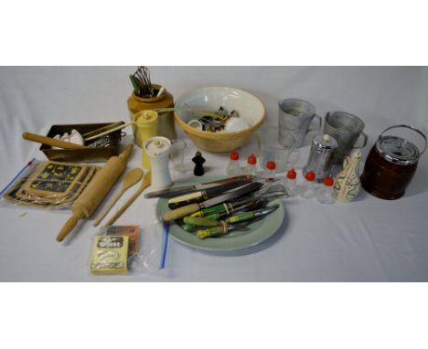 Kitchenalia including mixing bowl, rolling pin, wooden spoons, cutlery & utensils etc