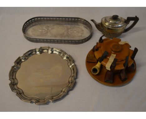 Selection of silver plate and a pipe stand with smoking pipes