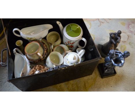 Tin trunk of various ceramics including Denby, studio pottery etc & 2 resin figures