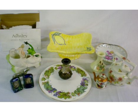 Various ceramics including a Royal Worcester cake dish, Aynsley frog, Iceland Lava pottery vase & 2 small glass & white metal