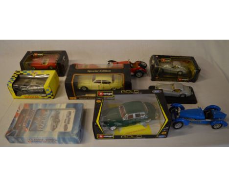 Large Burago die cast model cars (1/18 - 1/24) & a sealed Corgi 'Story of the Jaguar E type' dvd & die cast figure