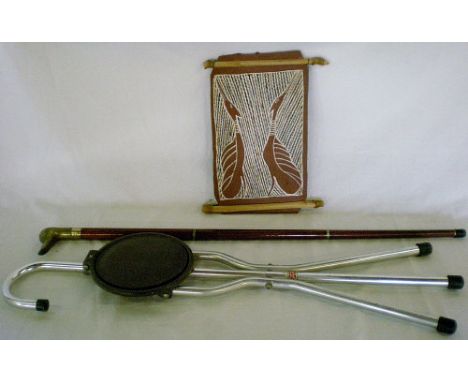 Australian sectional walking stick containing a spirit vial, shooting stick & an Aboriginal painting of a pair of jaboroos