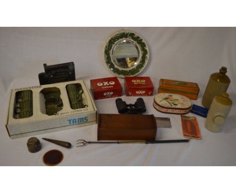 Old tins, ceramic hot water bottles, mirror, Tams 12 piece coffee set, small sewing box etc