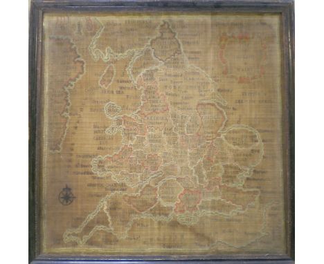 Framed Georgian sampler of a map of the English Counties by Nancy Bagaley 1801 57cm by 57cm