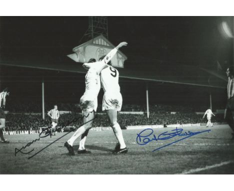 Tottenham Hotspur. B/W 12 x 8 photo depicting Tottenhams ALAN GILZEAN and MARTIN CHIVERS celebrating a goal, circa late 1960s